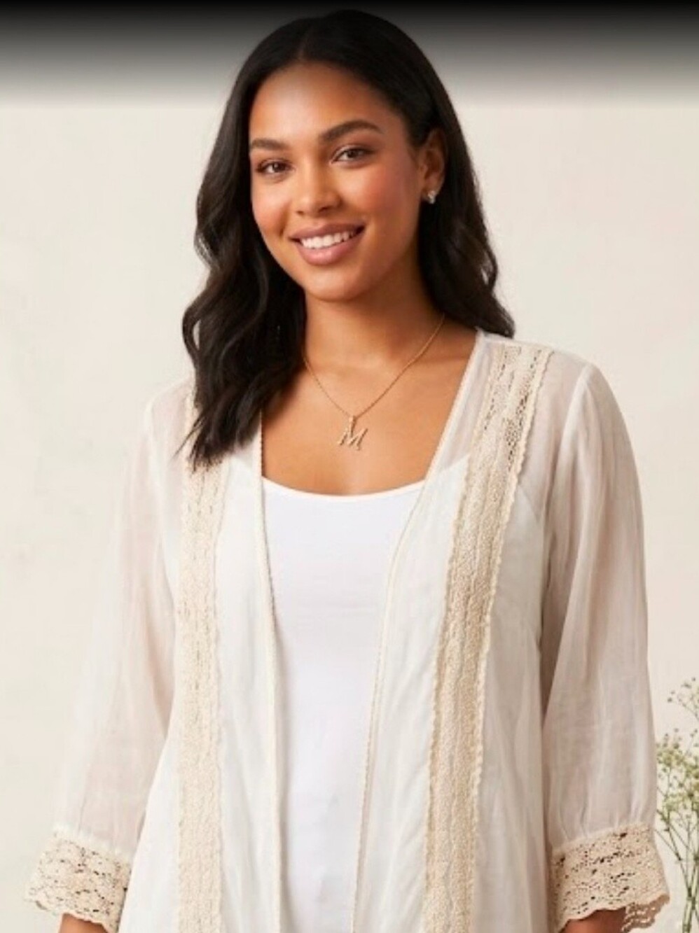 Lightweight Cream Lace Trim Kimono Italian Silk Shawl